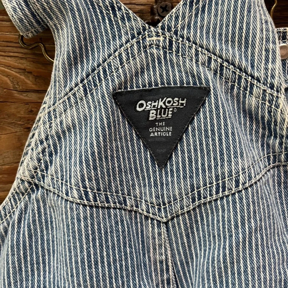Rare Vintage OshKosh Blue Kids Railroad Stripe Bib Overalls Blue White 12 Mths